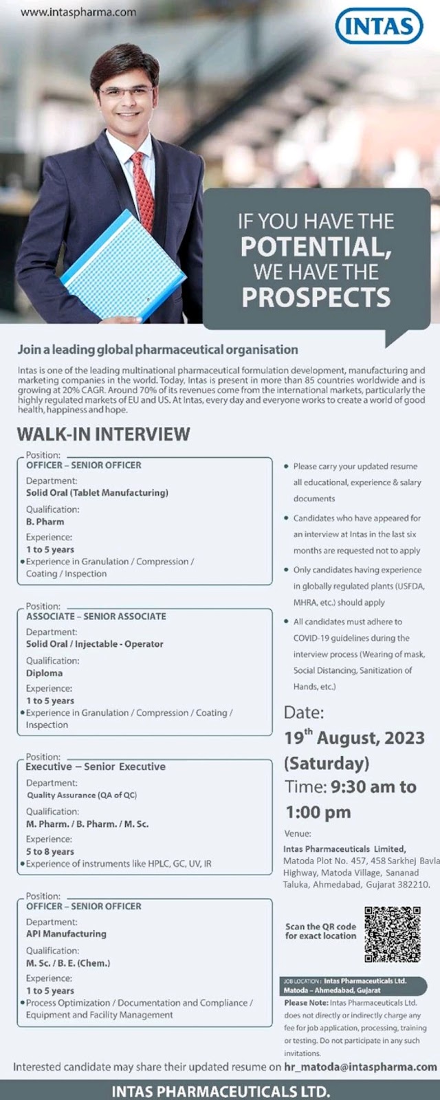 Intas Pharma | Walk-in interview for API & OSD Manufacturing & QA on 19th Aug 2023