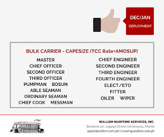 Jobs hiring Filipino seaman crew deployment November - December 2018