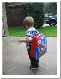 Argh!  Reid's big boy pirate backpack is stinkin' cute, don't you think?!