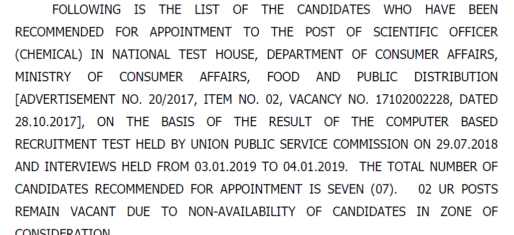 UPSC Scientific Officer (Chemical) Result