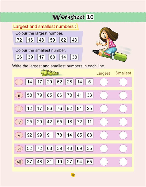 MENTAL MATHS WORKSHEET 10 பெரிய எண் மற்றும் சிறிய எண்களை கண்டுபிடித்து வண்ணமிடுதல்