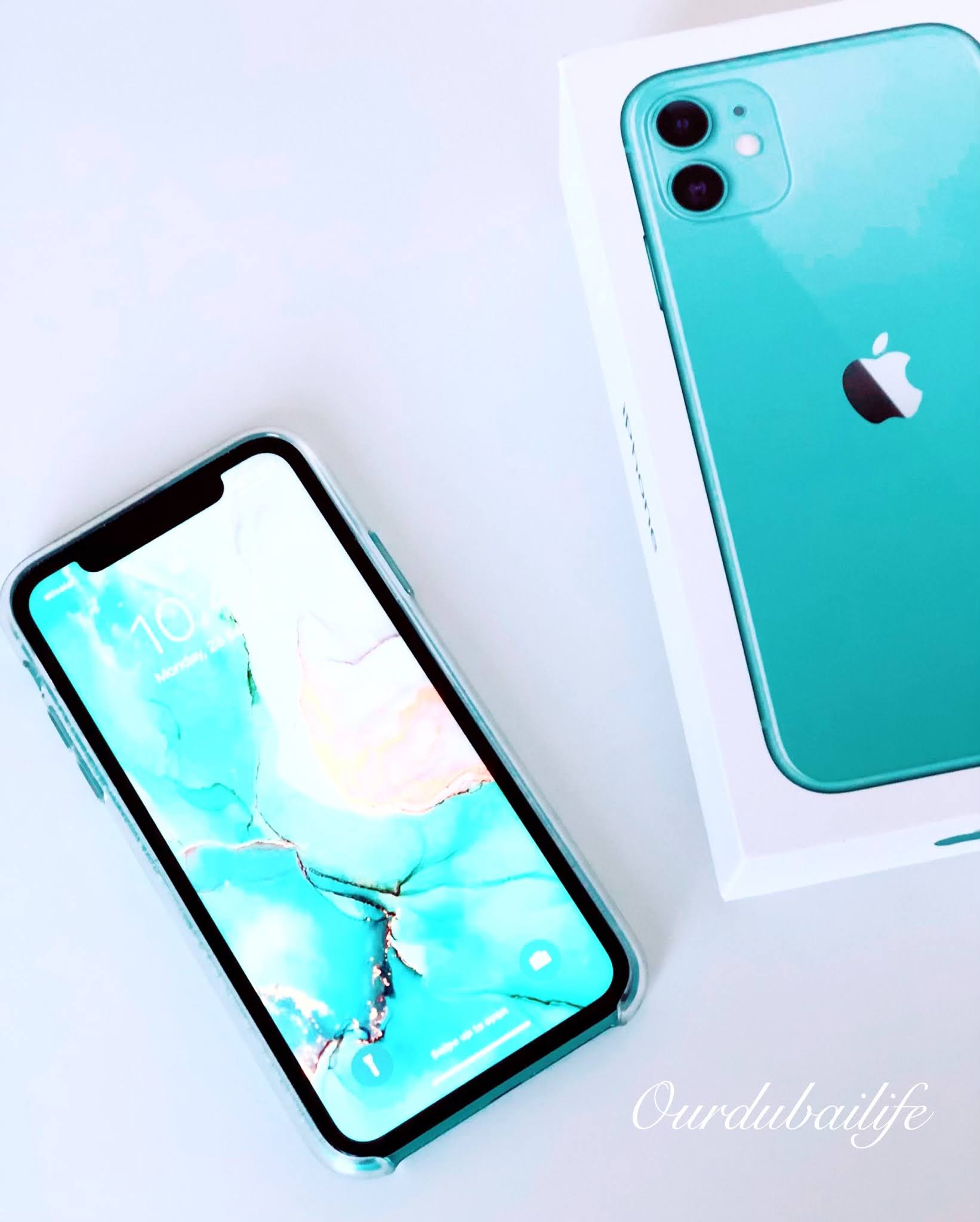 Mint Candy Green Iphone 11 pastel flatlay