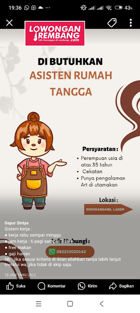 Lowongan Kerja Pegawai Asisten Rumah Tangga Dapur Sintya Rembang Tanpa Syarat Ijazah