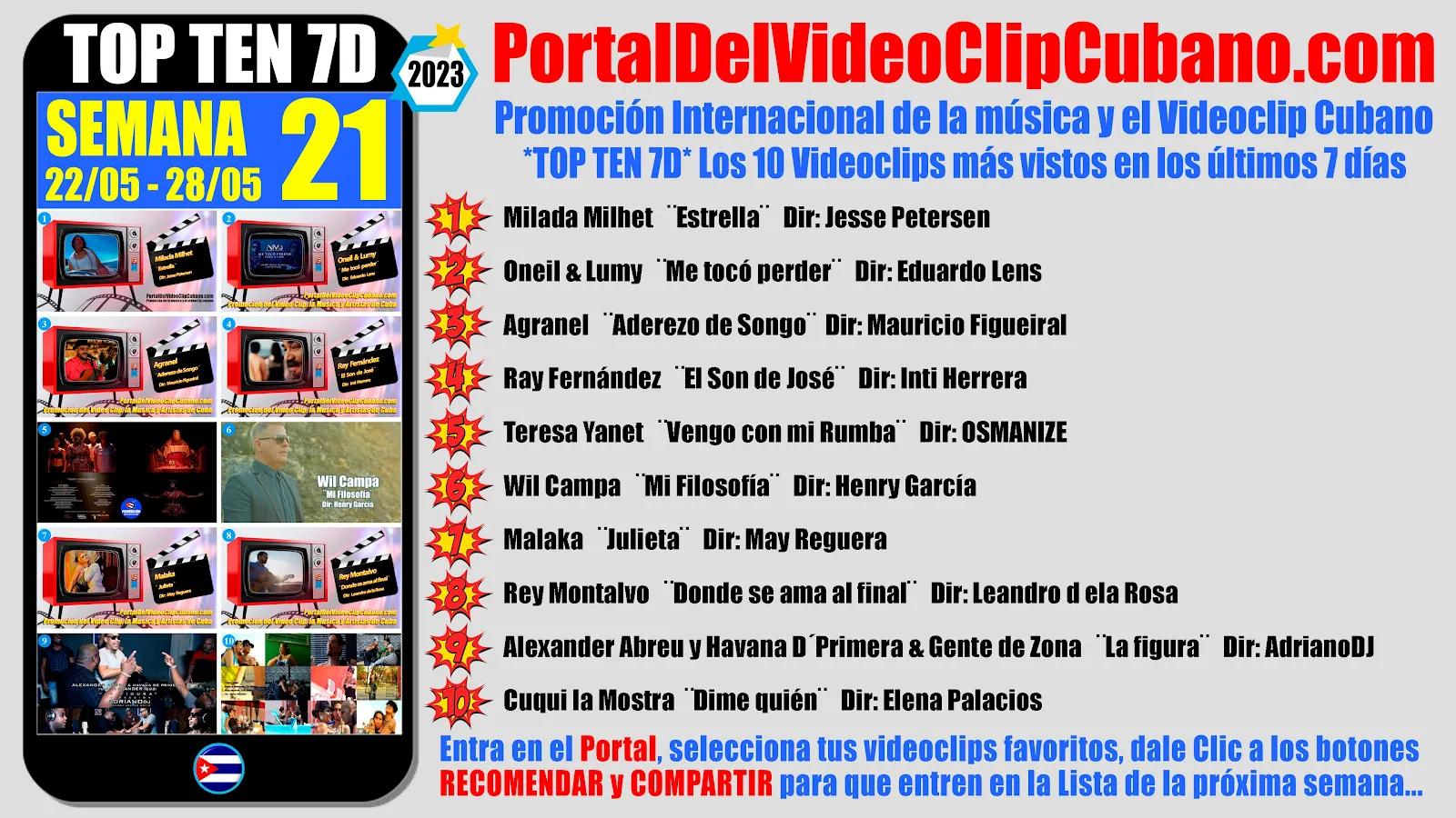 Artistas ganadores del * TOP TEN 7D * con los 10 Videoclips más vistos en la semana 21 (22/05 a 28/05 de 2023) en el Portal Del Vídeo Clip Cubano