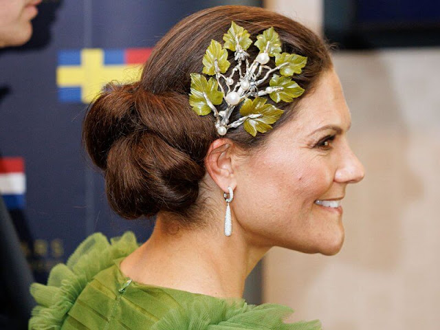 Crown Princess Victoria wore a green tulle gown by H&M Conscious Exclusive collection. Maria Nilsdotter Nocturnal Tiara
