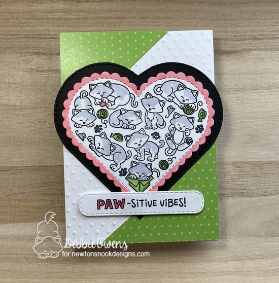 Paws-itive vibes by Debbie features Heart Frames, Heartfelt Meows, Banner Trio, and A Cat's Life by Newton's Nook Designs; #inkypaws, #newtonsnook, #catcards, #cardmaking