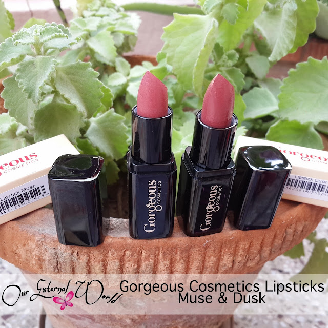 Gorgeous Cosmetics Lipsticks Muse and Dusk - Review, Swatches, natural colored lipstick, mlbb, rose brown shades
