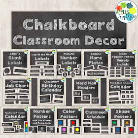 Classroom decor in a clean and fresh chalkboard theme | Apples to Applique