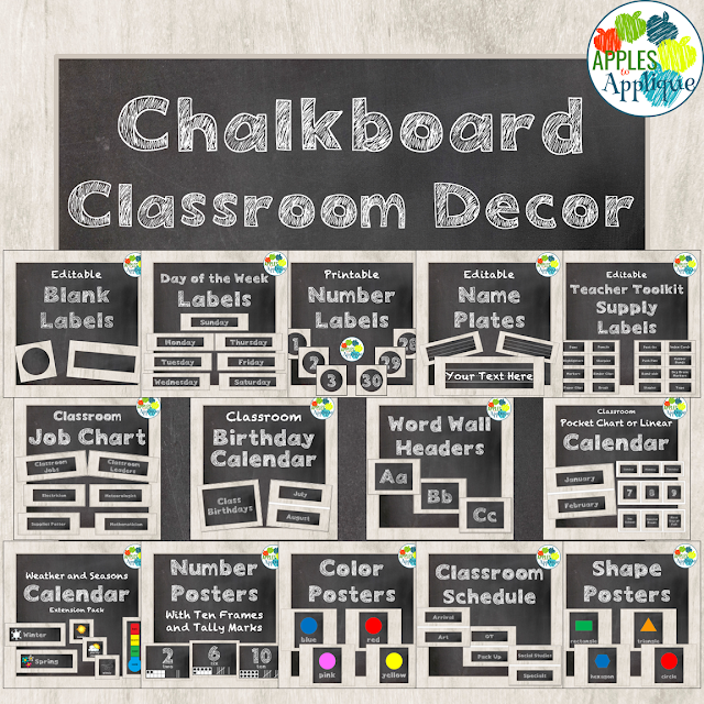 Classroom decor in a clean and fresh chalkboard theme | Apples to Applique