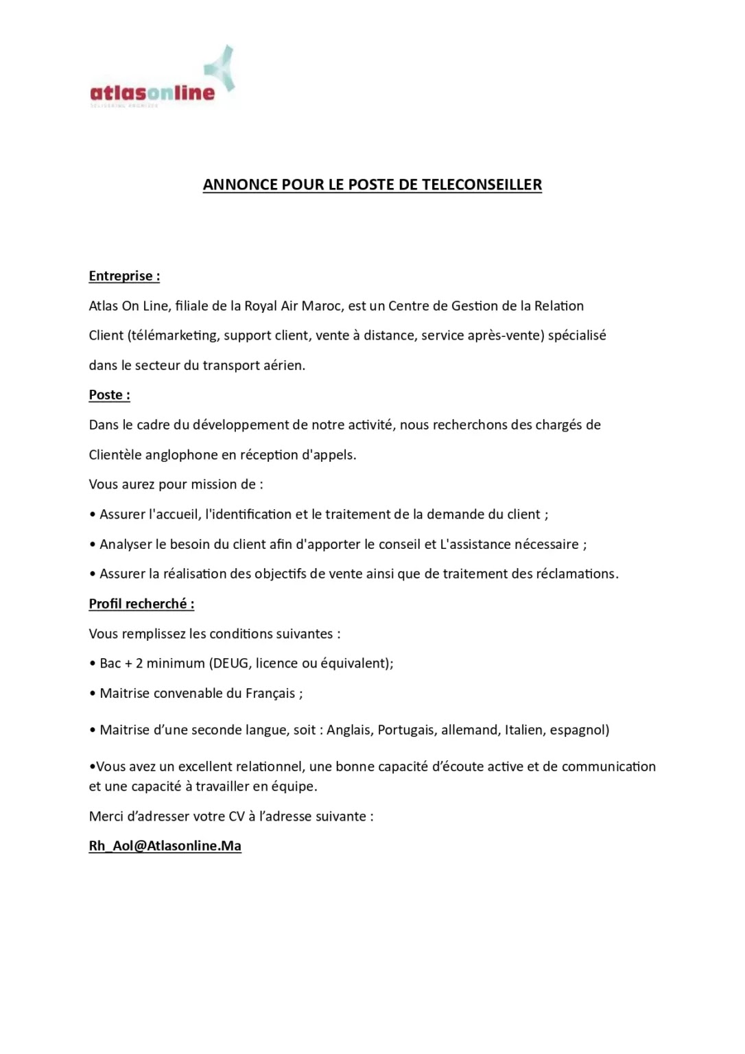 Atlas On Line recrute des chargés de Clientèle