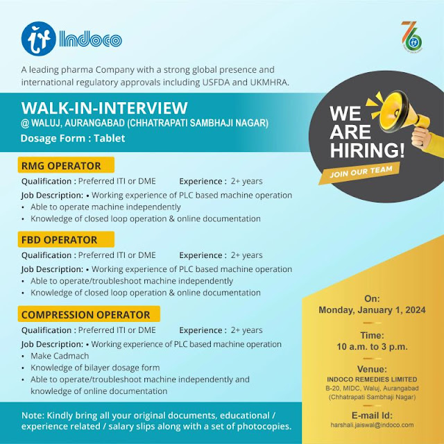 Indoco Remedies Limited Walk-in-Interview on 1st January