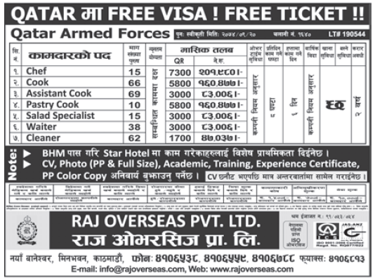 Free Visa Free Ticket Jobs in Qatar for Nepali, Salary Rs 2,01,980