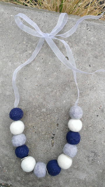 Dark blue, grey and white felted necklace with ribbon