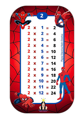 Tabla de Multiplicar del 2 Dos para imprimir del Hombre Araña Spider Man