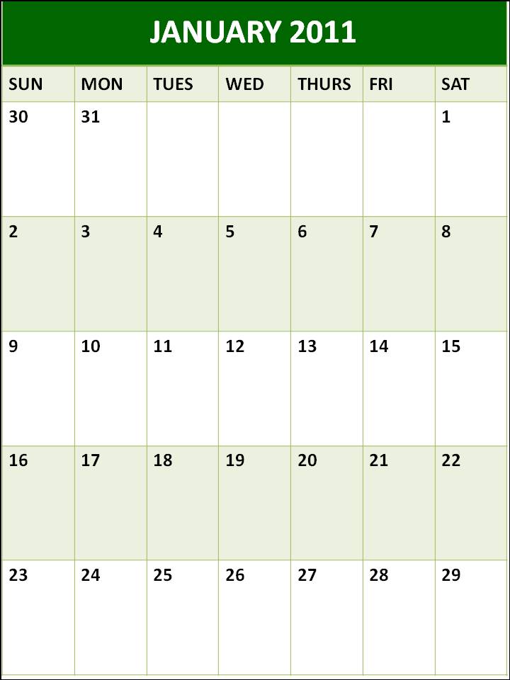 Blank Calendar Planner January 2011 Printable Template