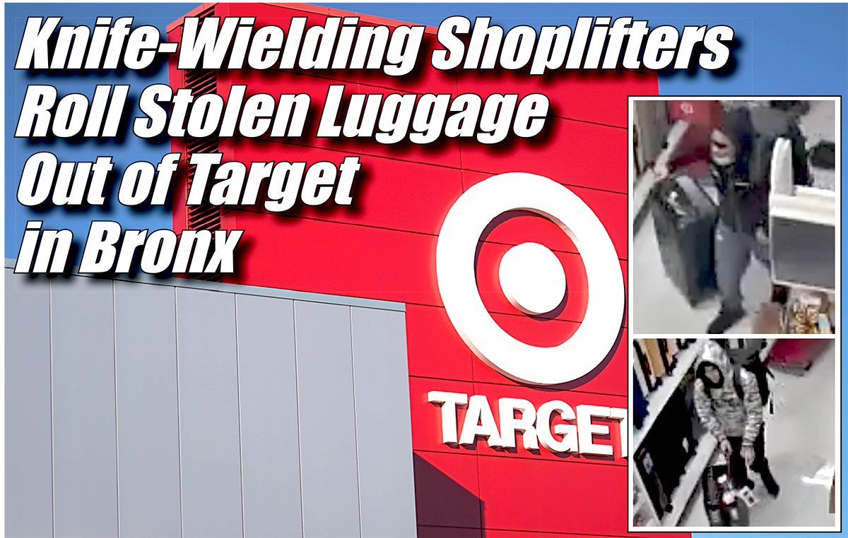 The NYPD is looking for two men in connection with a shoplifting and the menacing of an employee with a knife at a Bronx Target store. -Photo by NYPD