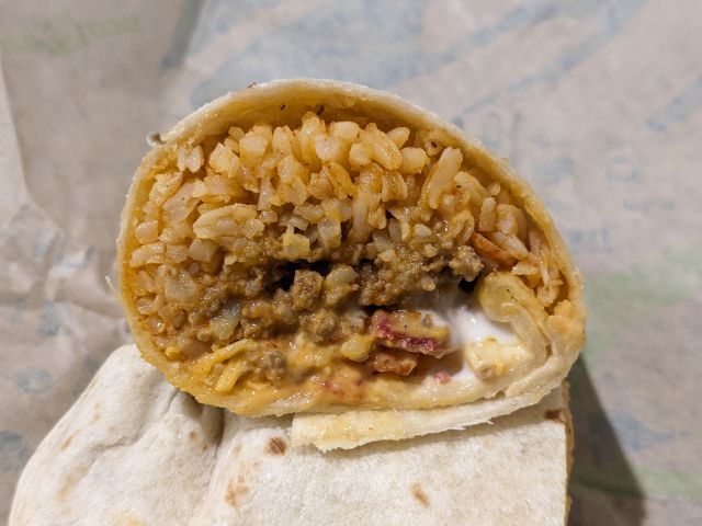 Taco Bell Double Beef Volcano Burrito cross-section.