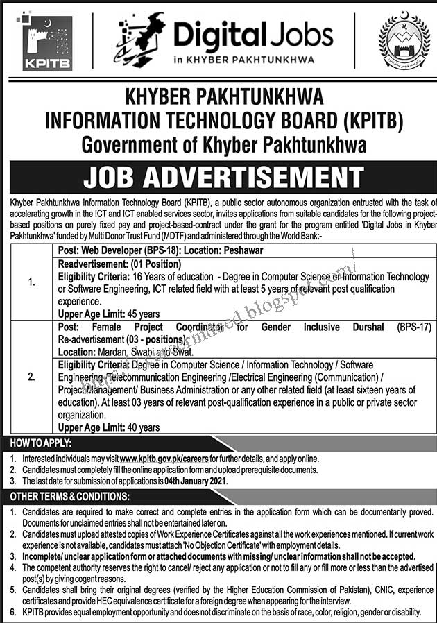 Khyber Pakhtunkhwa Information Technology Board KPITB Job Advertisement 2020 Multiple Posts