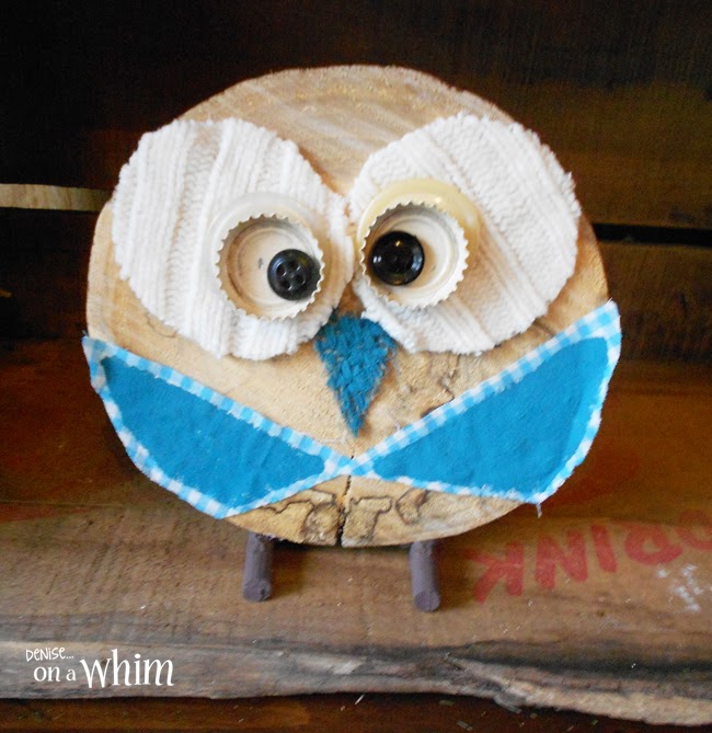 Painted Blue Gigham Fabric Wings on a Log Slice Owl via Denise on a Whim