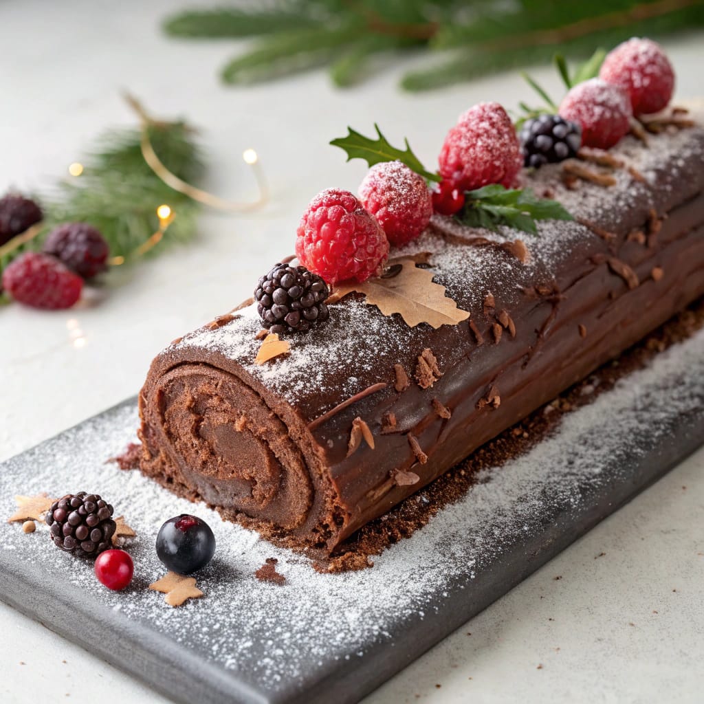 Classic Chocolate Yule Log decorated with festive powdered sugar and marzipan mushrooms.