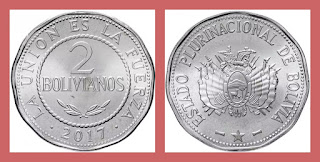 B5 BOLIVIA 2 BOLIVIANOS COIN UNC (2010-2017)