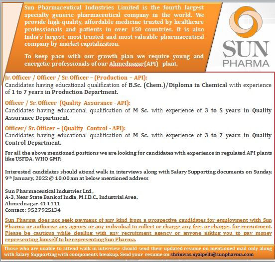 Job Availables,Sun Pharma Walk-In-Interview For Diploma Chemical/ BSc/ MSc