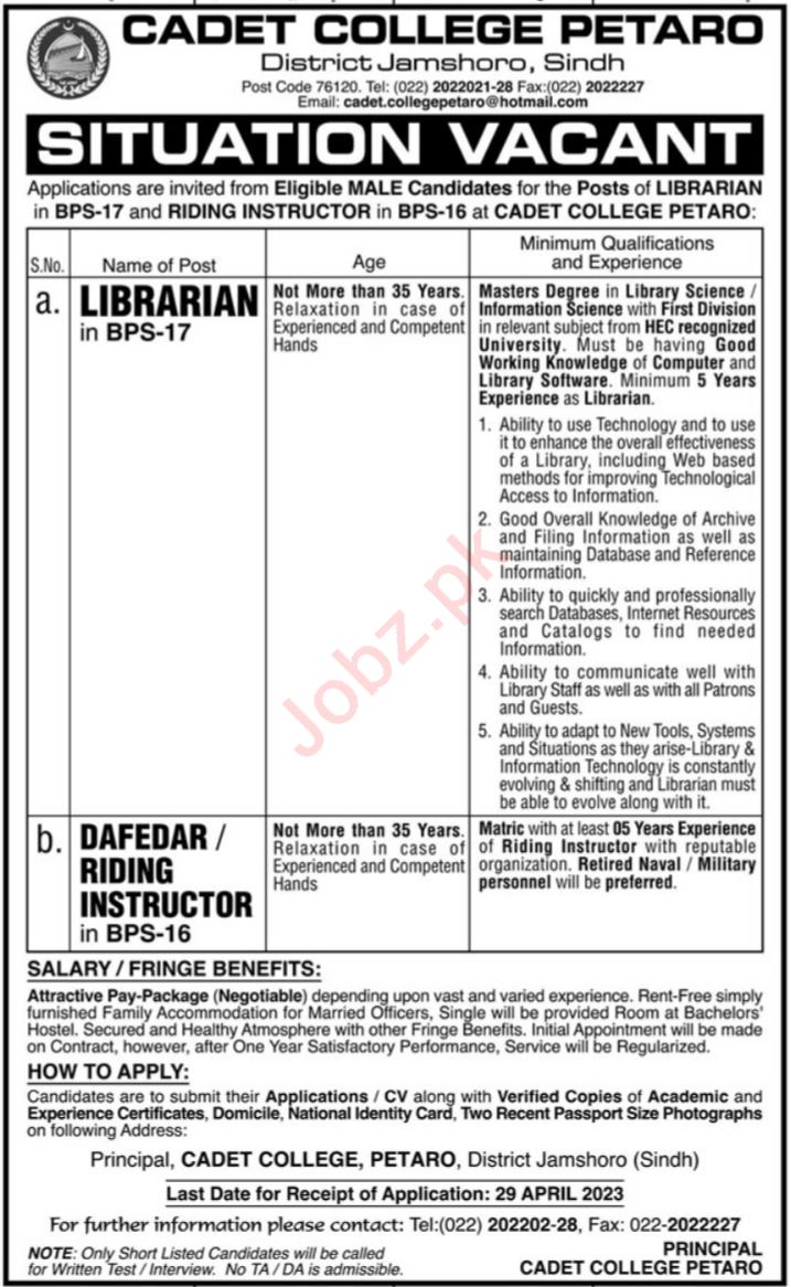 Jobs in Cadet College Petaro