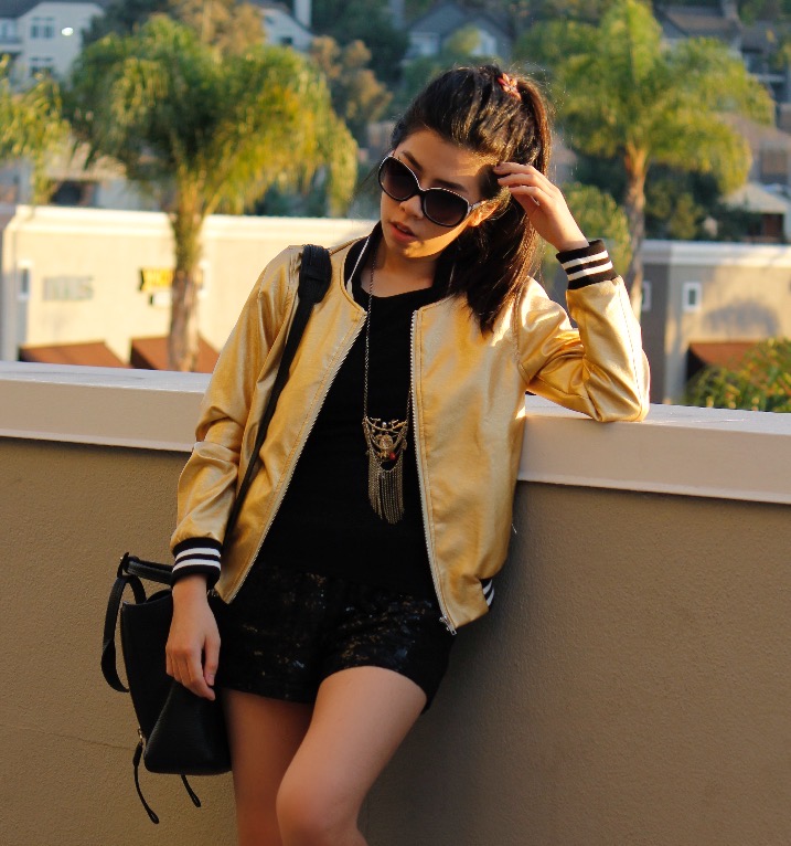 Adrienne Nguyen - What to Wear with a Gold Bomber Jacket - Urban College Fashion - Black and Gold Outfit Ideas