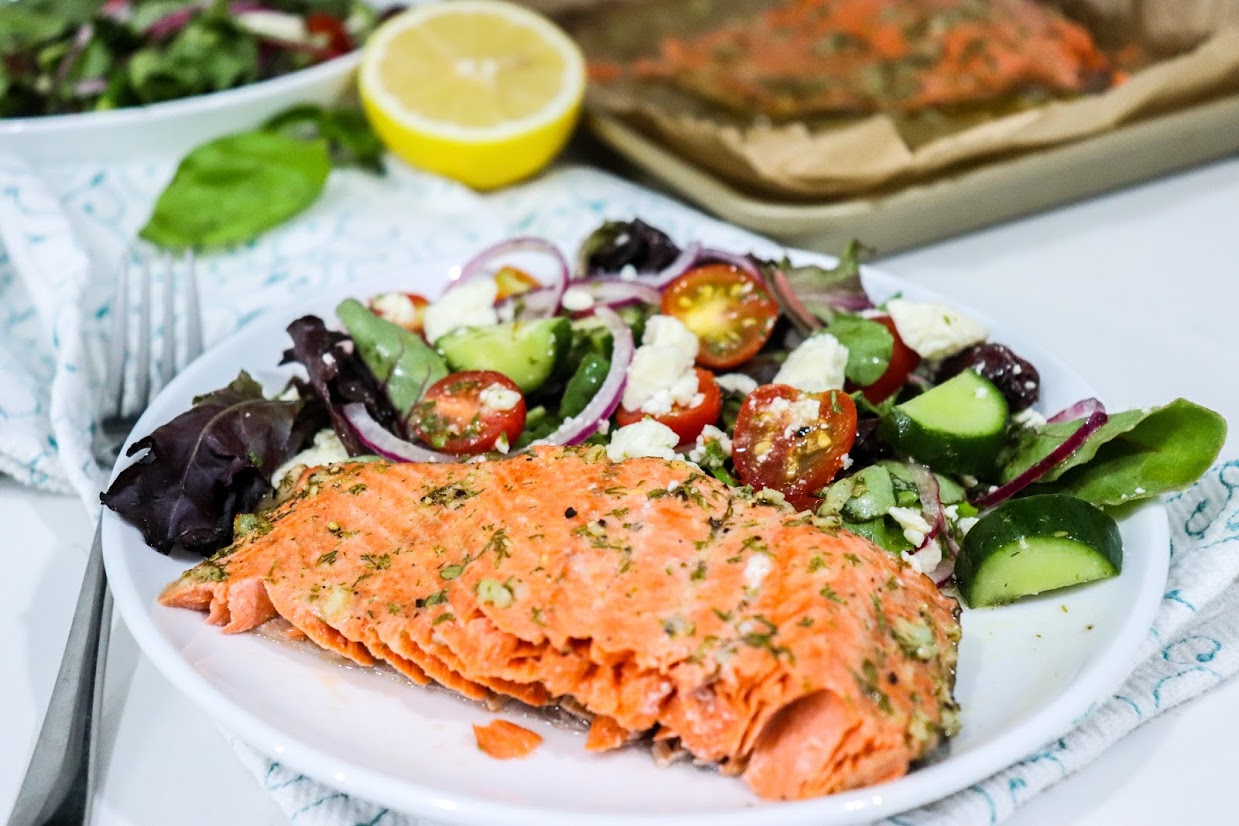 Baked Greek style salmon with side salad
