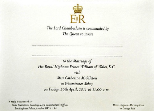 prince william wedding invitation card. royal wedding invitation card.