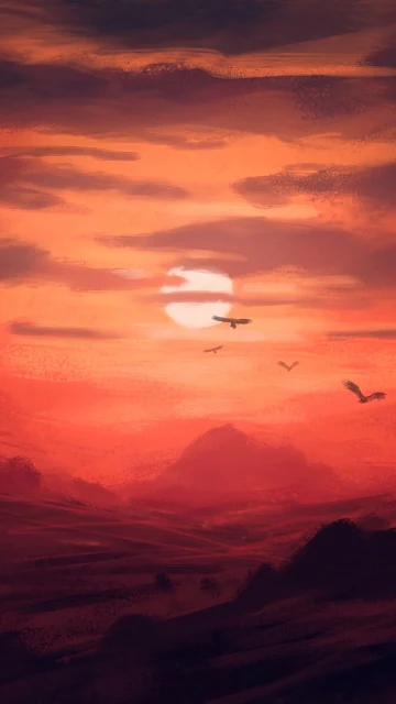 Fantasy, Sunset, Mountains, Birds, Art