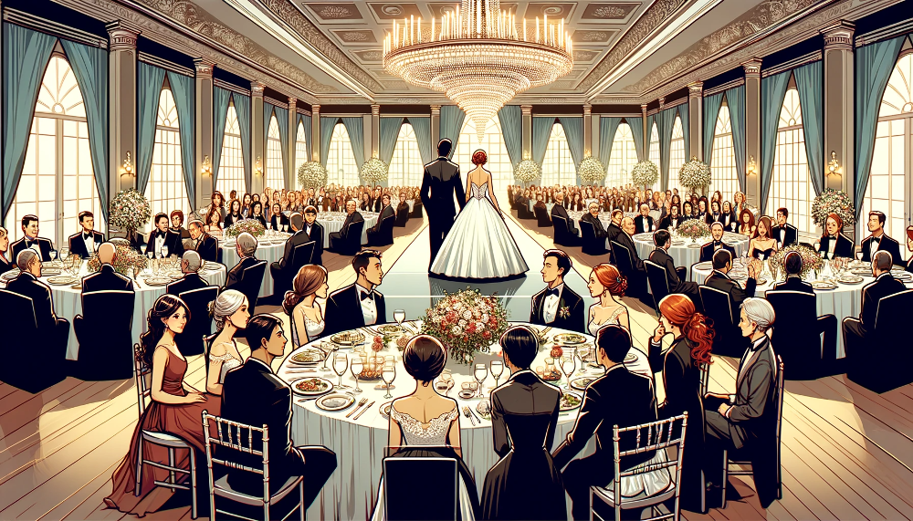 Una ilustración de una boda en un elegante salón, con mesas redondas y una pista de baile en el centro. La mesa principal está al frente con los recién casados, ambos de piel oscura, rodeados de familiares y amigos cercanos. En otras mesas, invitados de diversas edades y etnias disfrutan de la celebración.
