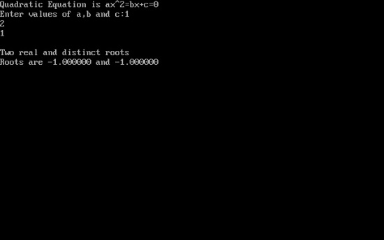 C program to calculate roots of quadratic equation ax^2+bx+c=0