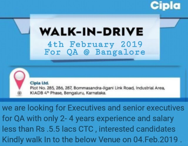 Cipla | Walk-in interview for QA | 4th Feb 2019 | Bangalore