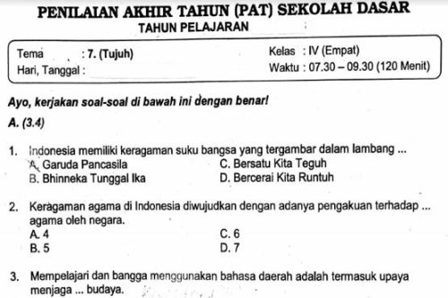 Soal Ulangan Kelas 4 Tema 7 Kurikulum 2013