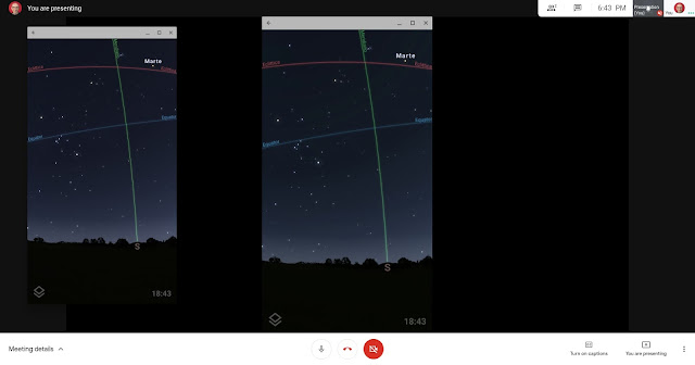 The default window of Stellarium for Android and its screen shared in a Google Meet video call on an ASUS Chromebox 3