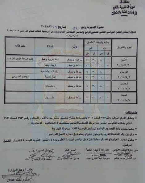 جدول امتحانات الصف الخامس الابتدائي 2018 الترم الثاني محافظة قنا