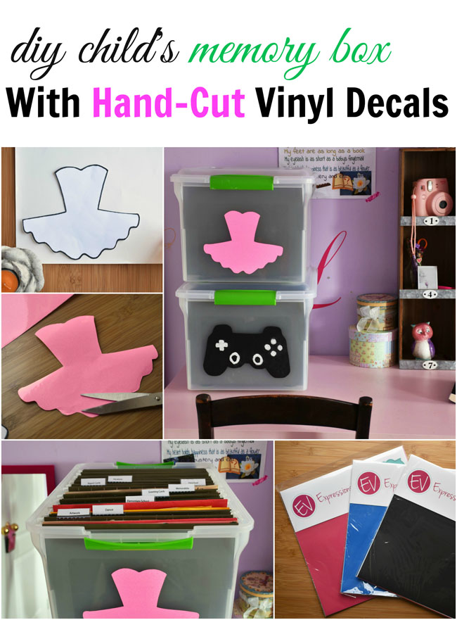 Diy Child's Memory Box with Hand-Cut Vinyl Decals - you don't need a machine to cut vinyl for this simple but very necessary organizing project for parents! #crafts #organization