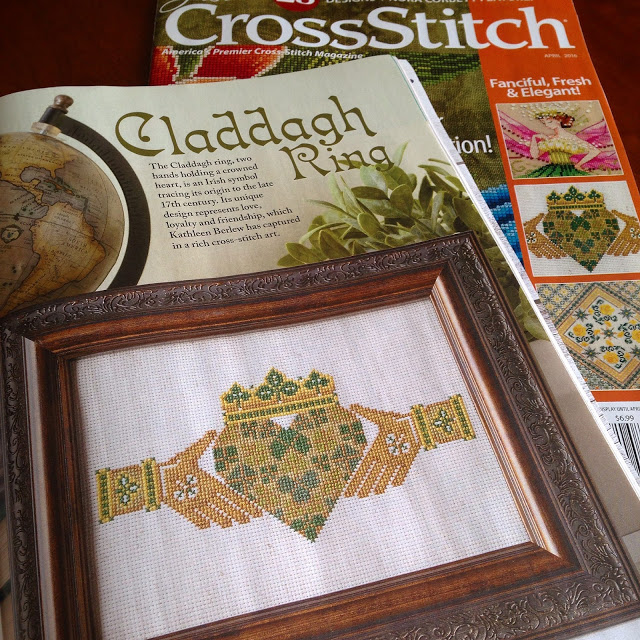 cross-stitched Irish claddagh picture in Just CrossStitch magazine