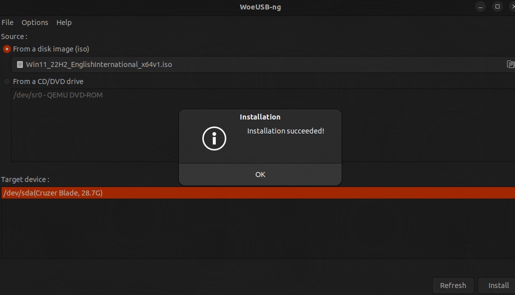 WoeUSB allows you to create a bootable USB from Ubuntu with Windows in a very simple way.