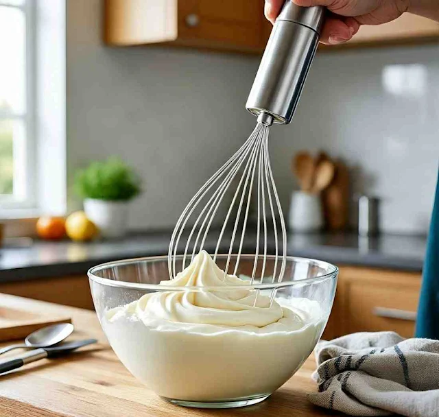 Whipping cream with electric beater for homemade vanilla ice cream"