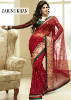 zarine khan, sexy zarine khan posing in dark color red embroidery saree