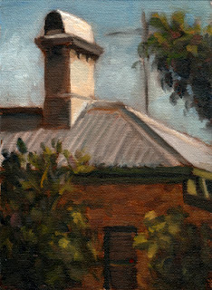 Oil painting of the roof and chimney at the back of a Victorian-era brick building surrounded by trees and shrubs.