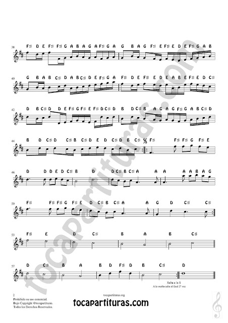 Hoja 2  English Notes Sheet Music for Canon in D by J. Pachelbel for Treble Clef instruments (Flute, Recorder, Saxopohone, Trumpet, Clarinet, Oboe, Horn...) (Spartiti - Notes - Partition - Partiture - Partitura)