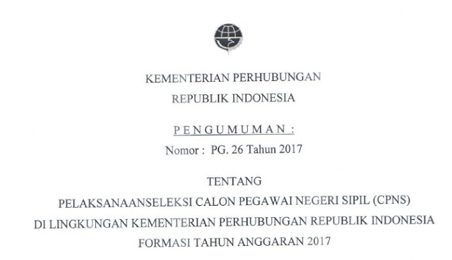 Rekrutmen CPNS Online Kementerian Perhubungan RI 11-25 September 2017