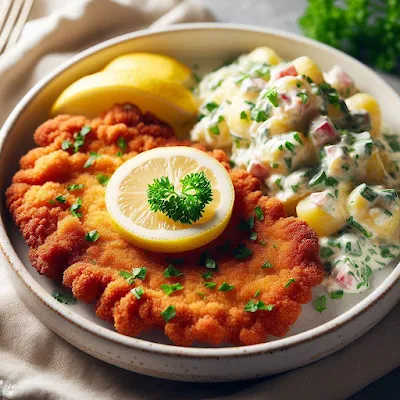 Auf dem Bild ist ein Teller mit einem Wiener Schnitzel und einer Portion Kartoffelsalat zu sehen.