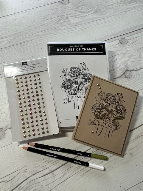 Colored pencils, dots and stamp set used to create this floral thank you card