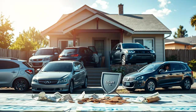 A collage of diverse vehicles parked outside a modest home, symbolizing affordability; include visual elements representing insurance, such as a shield or umbrella, subtly integrated into the scene; incorporate imagery suggesting financial challenges, like crumpled bills or coins scattered on a table, with a bright sky to evoke hopefulness.