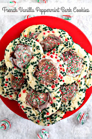 These festive 5 ingredient French Vanilla Peppermint Bark Cookies would be the perfect addition to Santa's cookie plate!