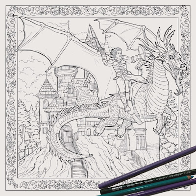 Medieval Knight flying on a dragon adult coloring page